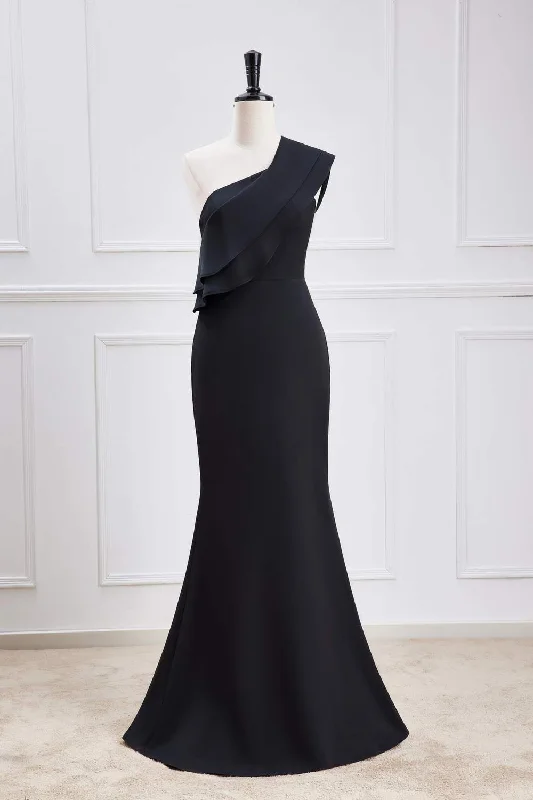 Winter Warehouse Sale Black Ruffled One Shoulder Mermaid Long Bridesmaid Dress Classic Charm