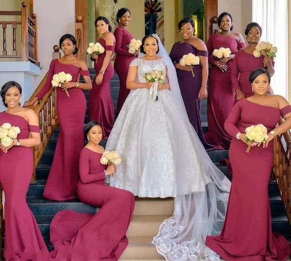 Fresh Fashion Discounts African Burgundy Bridesmaid Dresses One Shoulder Long Mermaid Wedding Party Dress Flash Sale