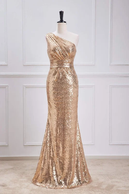 Comfortable Chic Gold One-Shoulder Sequins Mermaid Long Bridesmaid Dress Playful Elegance