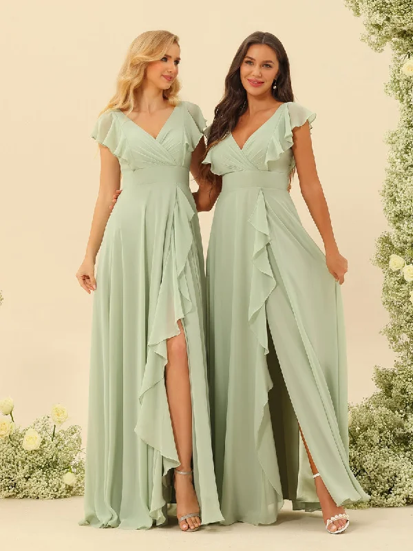 Valentine's Special A-Line/Princess V-Neck Long Bridesmaid Dresses with Ruffles Classic Charm