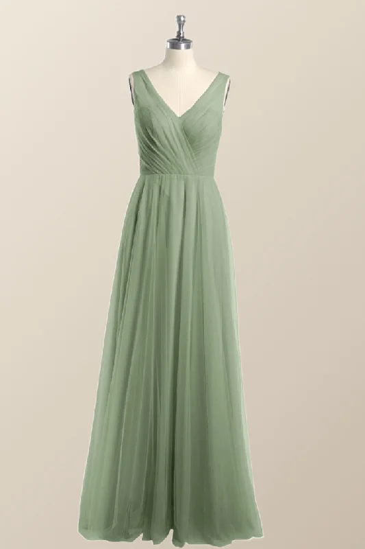 Elevated Casual Discounts Sage Green V Neck A-line Long Bridesmaid Dress Statement Piece