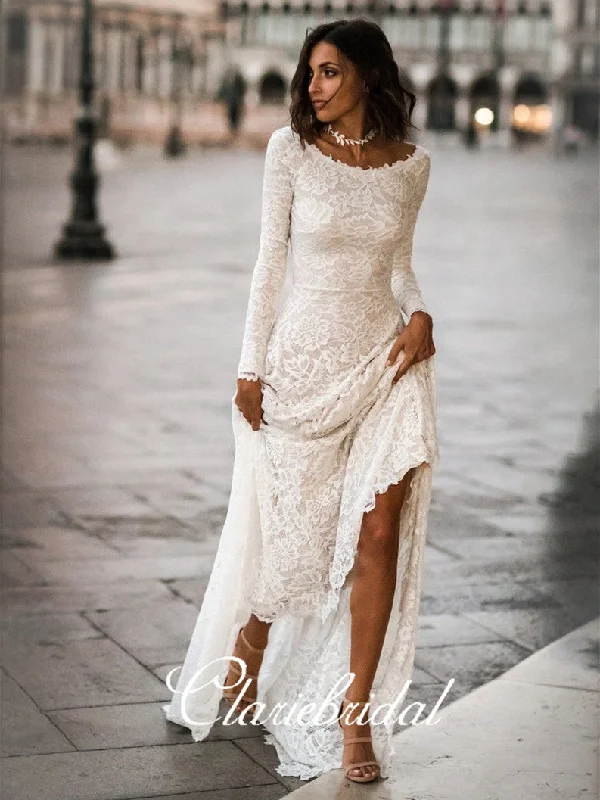 Hot Trends Ivory Long Sleeves Lace Wedding Dresses, A-line U-back Wedding Dresses, Country Wedding Dresses Timeless Elegant