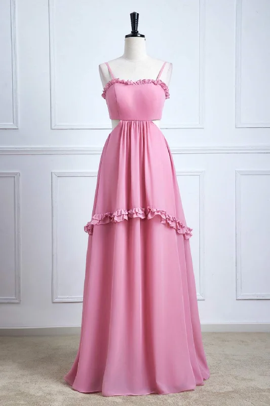 Special Offer For You Pink Bow Tie Back Spaghetti Straps Ruffled A-line Bridesmaid Dress Alluring Design