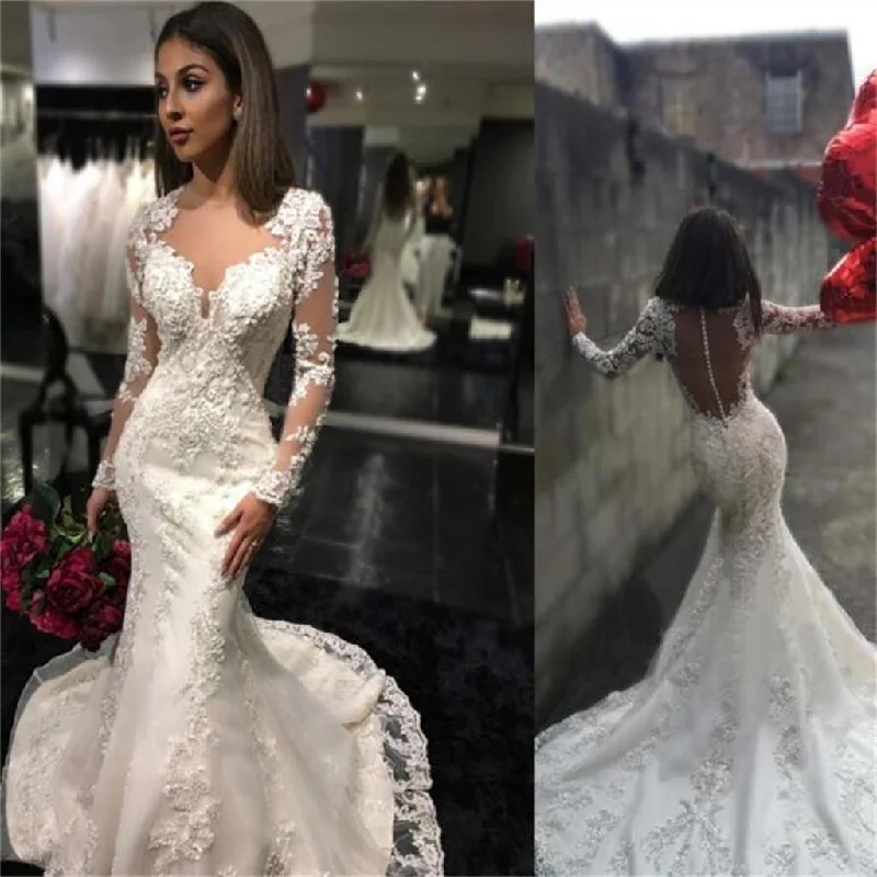 Refined Fashion Sale Long Sleeves Charming Mermaid Bridal Dresses Tulle Appliques Wedding Dress , PD0222 Coastal Beach - Inspired Style