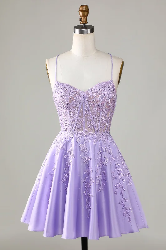 Clearance Event Purple Corset A-Line Satin Short Homecoming Dress with Lace Charming Silhouette