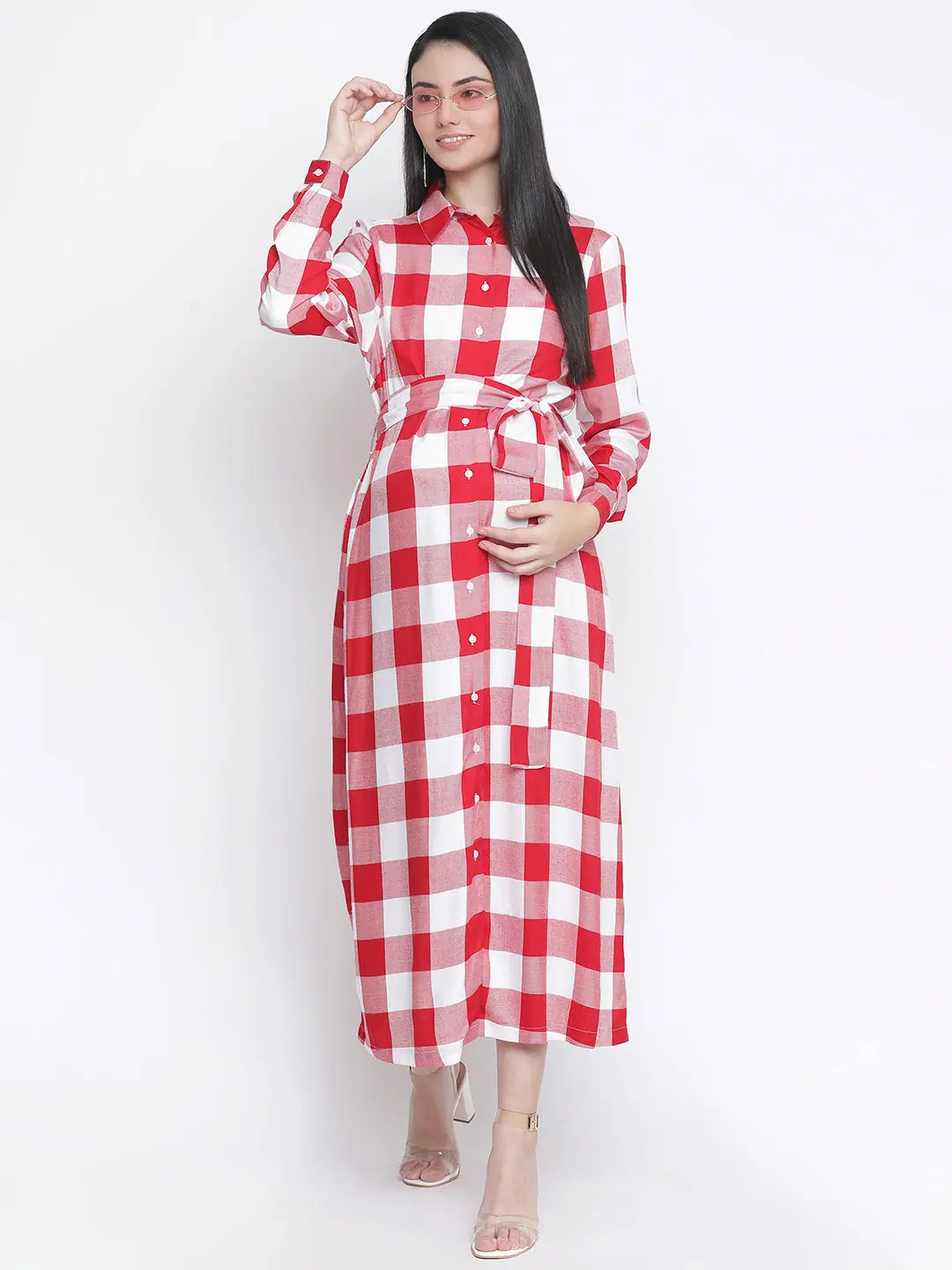 Style Revolution Cerise red check print long maternity dress Limited - Stock