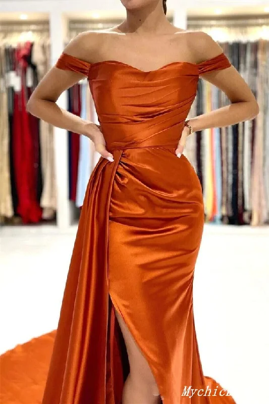 Romantic Chic Deals Burnt Orange Wedding Guest Dress Cheap Mermaid Off Shoulder Bridesmaid Dresses Feminine Elegant