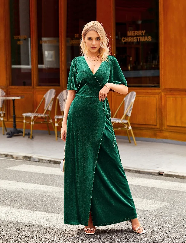 Urban Elegance Deals DingJiDress Wedding Guest Dress Women's V Neck Wrap Velvet Maxi Dress Bell Sleeve Split Bridesmaid Cocktail Party Dresses Formal Wear Dresses Evening Dress Subtle Sophistication