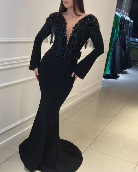 Essentials On Sale Black Tulle Long Sleeve Backless Jersey Mermaid Beaded Prom Dress  cg2929 Flowing Silhouette