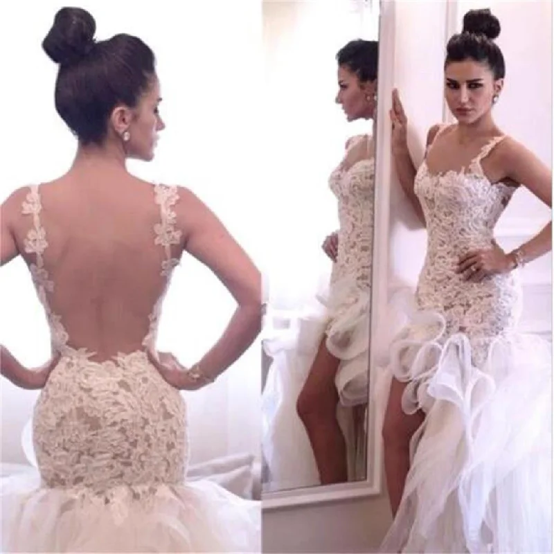 Luxury Fashion Discounts Sexy Backless Unique Design Hi-low Mermaid Lace  Bridal Gown Wedding Dresses, PD0280 Statement Piece