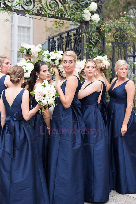 Hot Sale A-line V-Neck Navy Blue Long Bridesmaid Dress with Bow Romantic Date - Night Ensemble