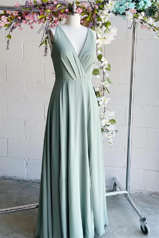 Chic Trends Unveiled Light Green A-line V Neck Pleated Sleeveless Chiffon Long Bridesmaid Dress Flash Sale