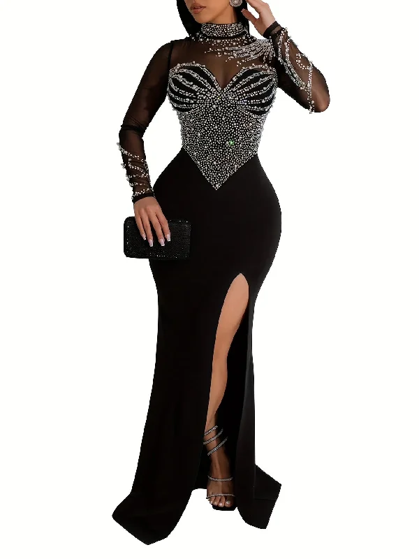 Sophisticated Style Offers IKEARLAX Long Sleeve Rhinestone Bodycon Dress - Dazzling Embellishments, Flattering Mock Slit, Elegant Mesh Splicing - Perfect for Womens Formal Events, Parties, and Banquets Elevated Style