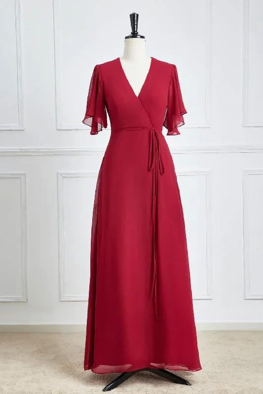 Flash Sale, Don'T Miss Wine Red Surplice Flaunt Sleeves A-line Long Bridesmaid Dress Elevated Style