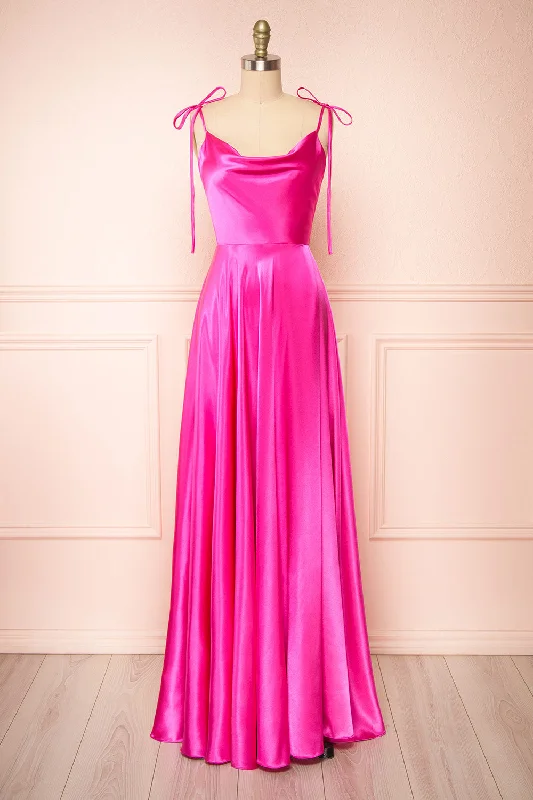 Cool Prices Moira Fuchsia | Cowl Neck Satin Maxi Dress w/ High Slit Feminine Elegant