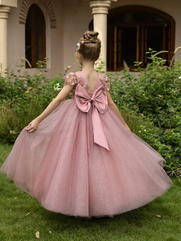 Trendy Styles Crew Neck Tulle Flower Girl Dresses with Applique & Satin Bowknot Elevated Style