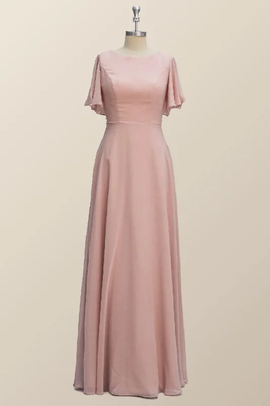 Minimalist Fashion Sale Scoop Blush Pink Chiffon A-line Long Bridesmaid Dress Feminine Elegant