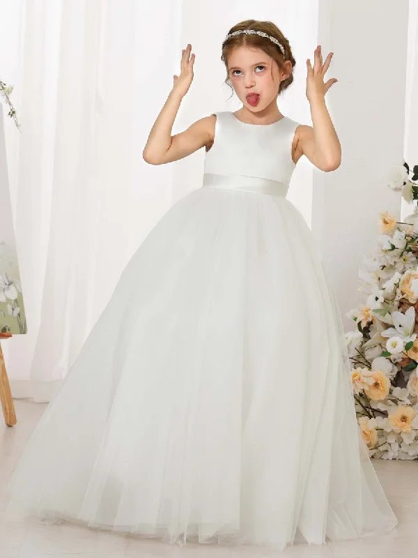 Elegant Fashion Offers Ball-Gown Tulle Satin Sleeveless Scoop Neck Floor-Length Flower Girl Dresses Great Deals on Ethnic Cultural Wear