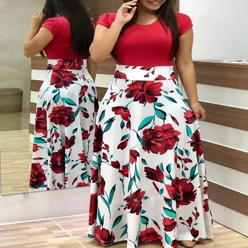 Premium Style Plus Size Women's Summer Print Stitching Flower Long Banquet Dress 2021 Bodycon Dress Elegant Sexy Woman Super Long Dress Everyday Glamour