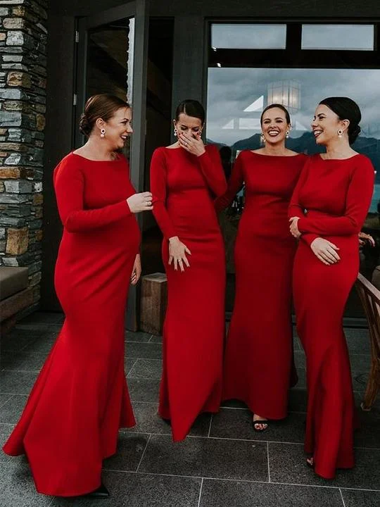 Fashion Forward, Function First Roycebridal Simple Mermaid Long Red Bridesmaid Dresses with Sleeve Feminine Elegance