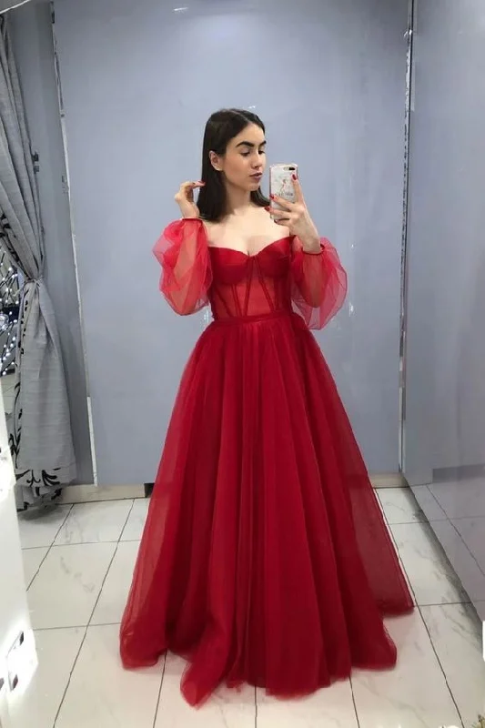 Low Price Special Burgundy Tulle Long Sleeves Prom Dress A Line Formal Dress    cg12198 Refined Look