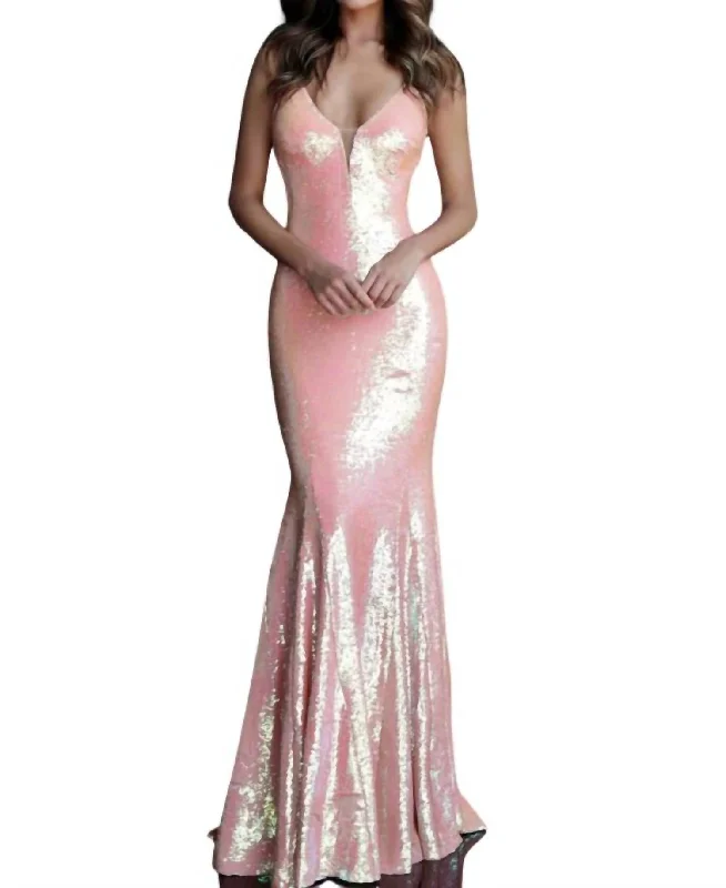 Limited Time Flash Sale V-Neck Sequin Gown In Coral Graceful Movement