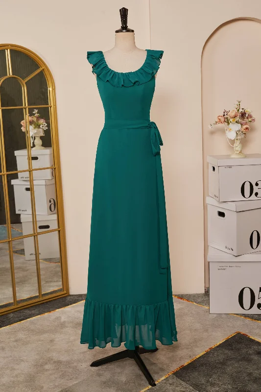 Snag Fabulous Fashion Bargains Teal Ruffled Neck A-line Long Bridesmaid Dress with Sash Romantic Date - Night Ensemble