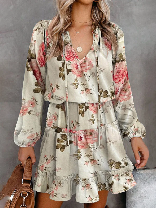 Classy Style Discounts Printed Tie Neck Long Sleeve Dress Chic Allure