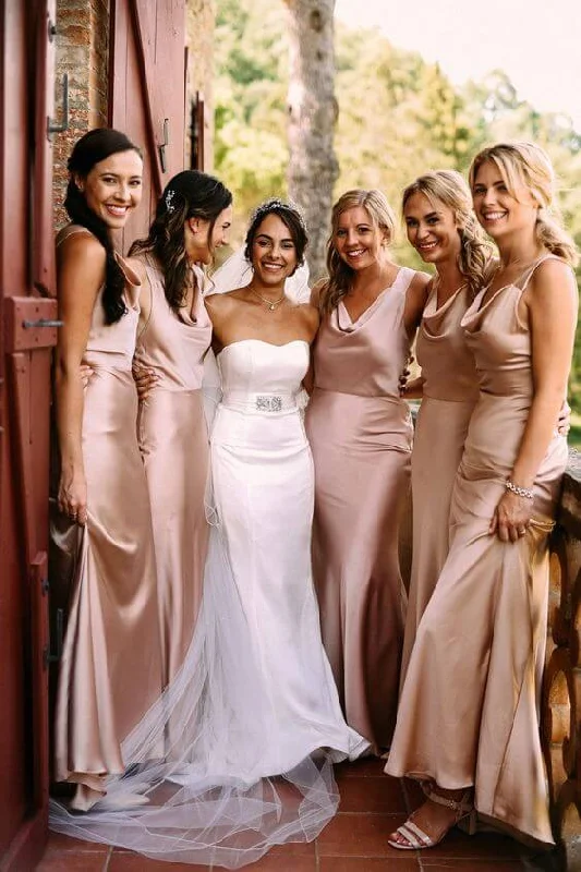 Daily Deals Cheap Floor length Rose Gold Bridesmaid Dresses Satin Sleeveless Vintage Retro Party Wear