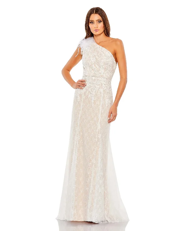 Classic Modern Offers Lace Embellished Feathered One Shoulder Gown Chic Sophistication