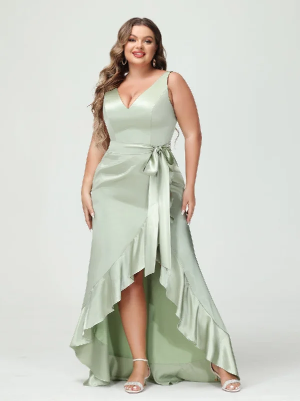 The Latest Trends Sheath/Column V-Neck Sleeveless Ruffles High Low Plus Size Dresses with Pockets & Sash Formal Outfit