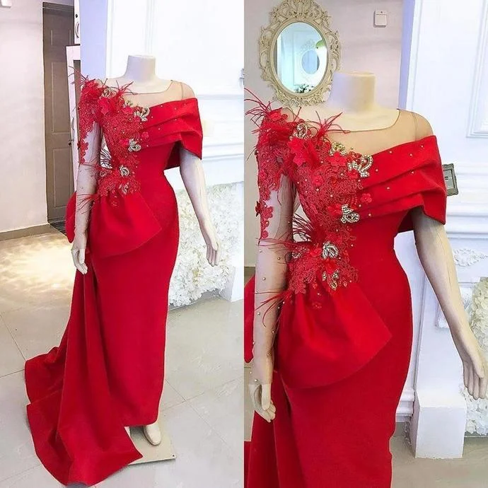 Laid-Back Fashion Offers New Red Mermaid Arabic Prom Dresses Scoop Neck Lace Appliques Crystal Beaded Feather Flowers Long Sleeves Evening Dress   cg13410 Effortless Comfort