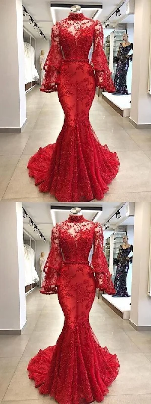 Discover Promotions Long Sleeve High-Neck Long Red Prom Dresses   cg11773 Bold Silhouette