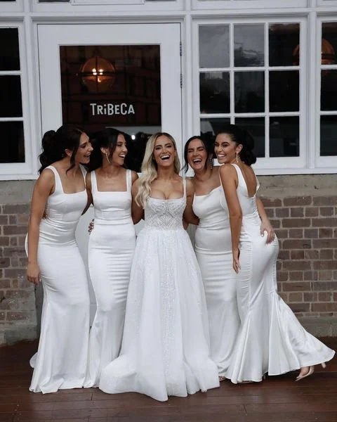 Fashion Sale White Satin Bridesmaid Dresses Mermaid Square Floor Length Wedding Guest Dress Fashion-Forward Style