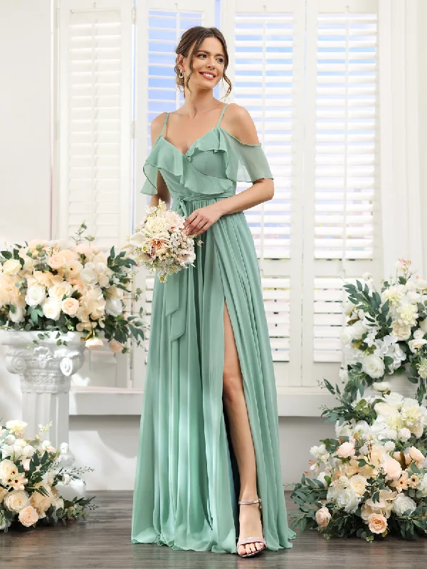 Trendy Street Style A-Line V-Neck Spaghetti Straps Chiffon Bridesmaid Dresses with Pockets Feminine Elegant