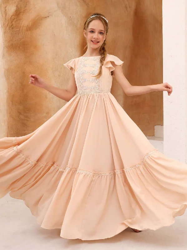 Trendy Looks On Sale A-Line/Princess Short Sleeves Scoop Neck Floor-Length Junior Bridesmaid Dresses Modern Glamour