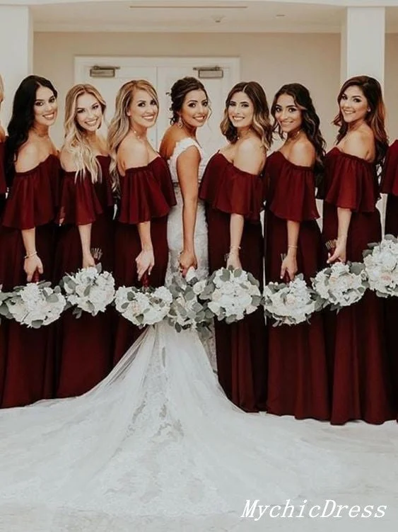 Classic Elegance Sales Roycebridal Cheap Long Off the Shoulder Burgundy Chiffon Boho Bridesmaid Dresses Dreamy Draping