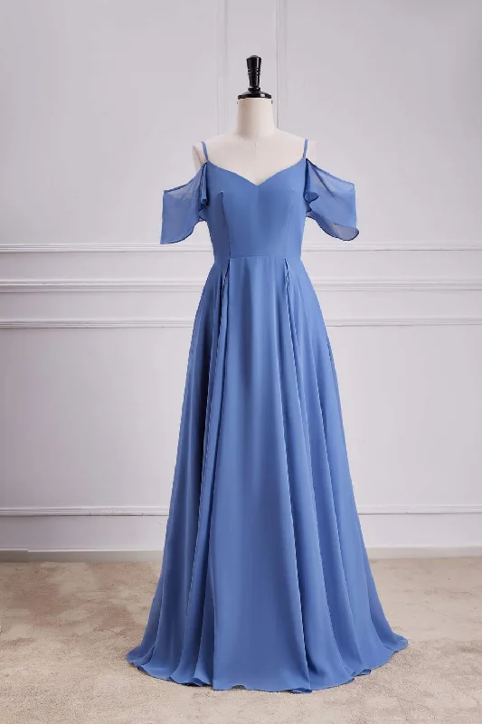 Crazy Discounts, Hurry Up Blue Cold Shoulder A-line Chiffon Long Bridesmaid Dress Graceful Drape