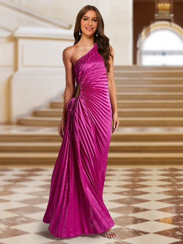 Vintage Style Deals A-Line/Princess One-Shoulder Side Cutout Satin Pleated Evening Dresses Casual Chic