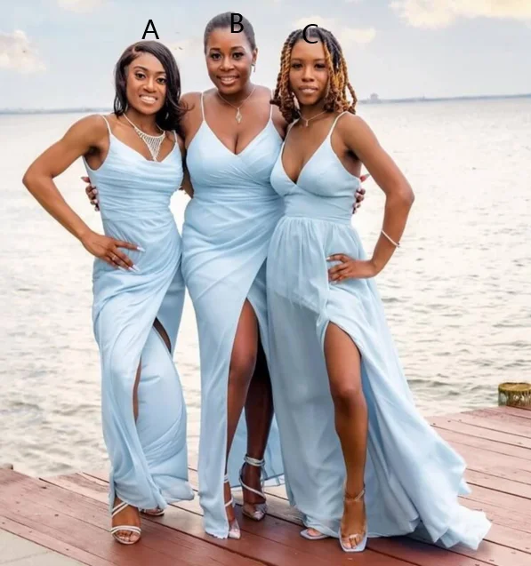 Style Without Limits Sexy A line V neck Light Blue Chiffon Beach Bridesmaid Dresses Spaghetti Straps Refined Simplicity