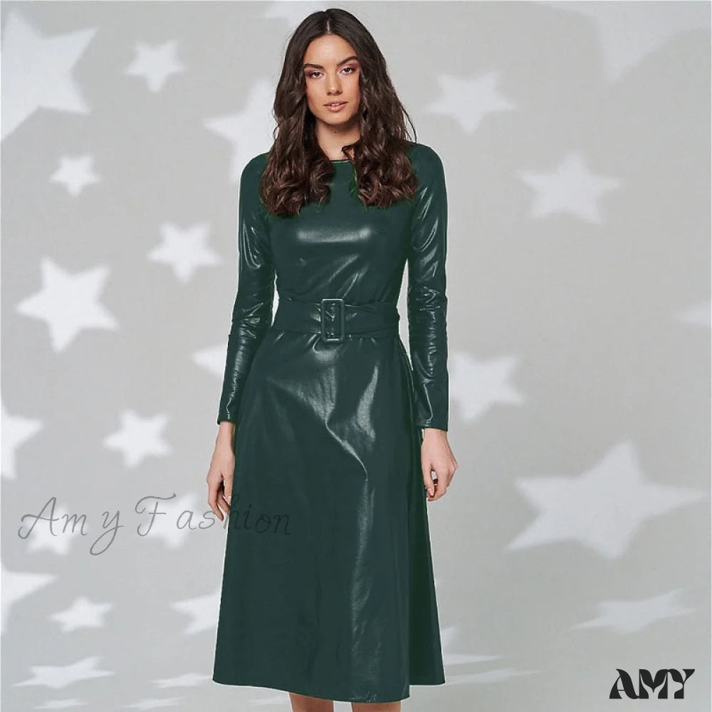 Daily Deals Amy Fashion - Women Long Sleeve Slim Fit PU Dress Artful Design