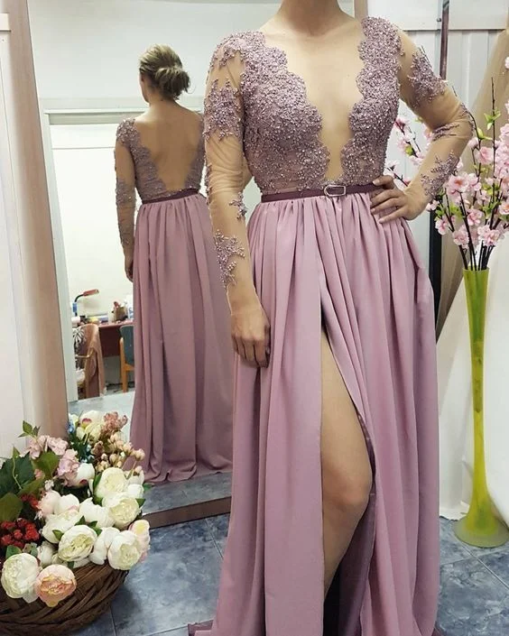 Exclusive Fashion Deals Lace Appliqed See-through Bodice Prom Dresses,Long Sleeves Prom Dresses with Slit   cg6288 Flowy Fabric