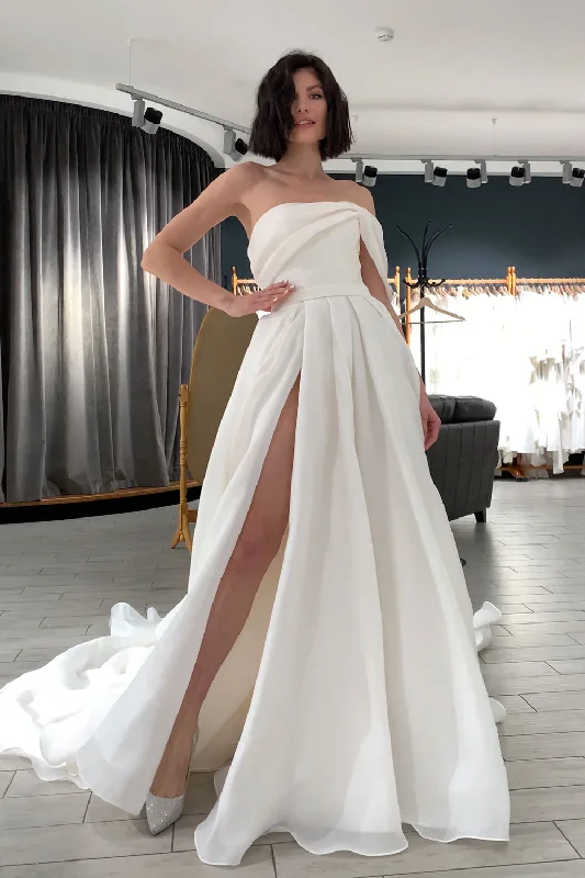 Unleash Your Trend Driven Style One Shoulder A-line Ivory Organza Prom Dresses, Simple Wedding Dresses, Side Slit Prom Dresses, Long Prom Dresses Effortless Comfort