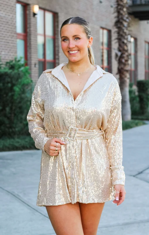 Seasonal Style Discounts The Golden Sequin Shirt Dress Classic Appeal