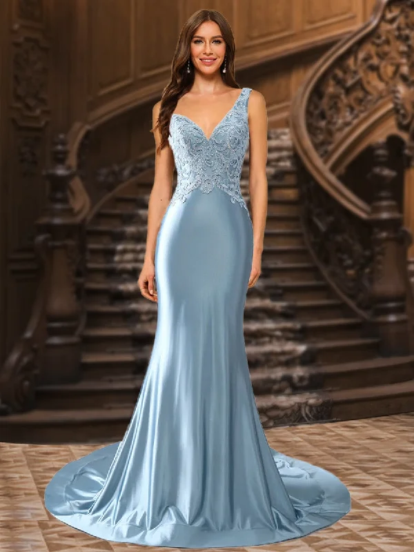 Timeless Style Promotions Trumpet/Mermaid V-Neck Satin Long Elegant Prom Dresses with Appliques Weekend Special