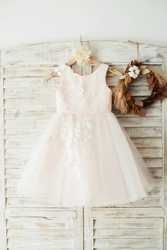 Catch Every Fashion Trend Ivory Lace Tulle Pink Satin Wedding Flower Girl Dress Junior Bridesmaid Dress Soft Textures