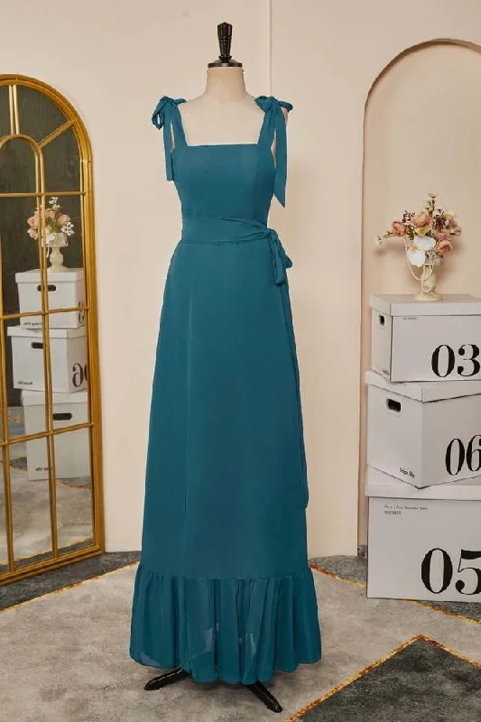 Forward Trendsetter Teal Bow Tie Straps A-line Chiffon Long Bridesmaid Dress with Sash Feminine Flow