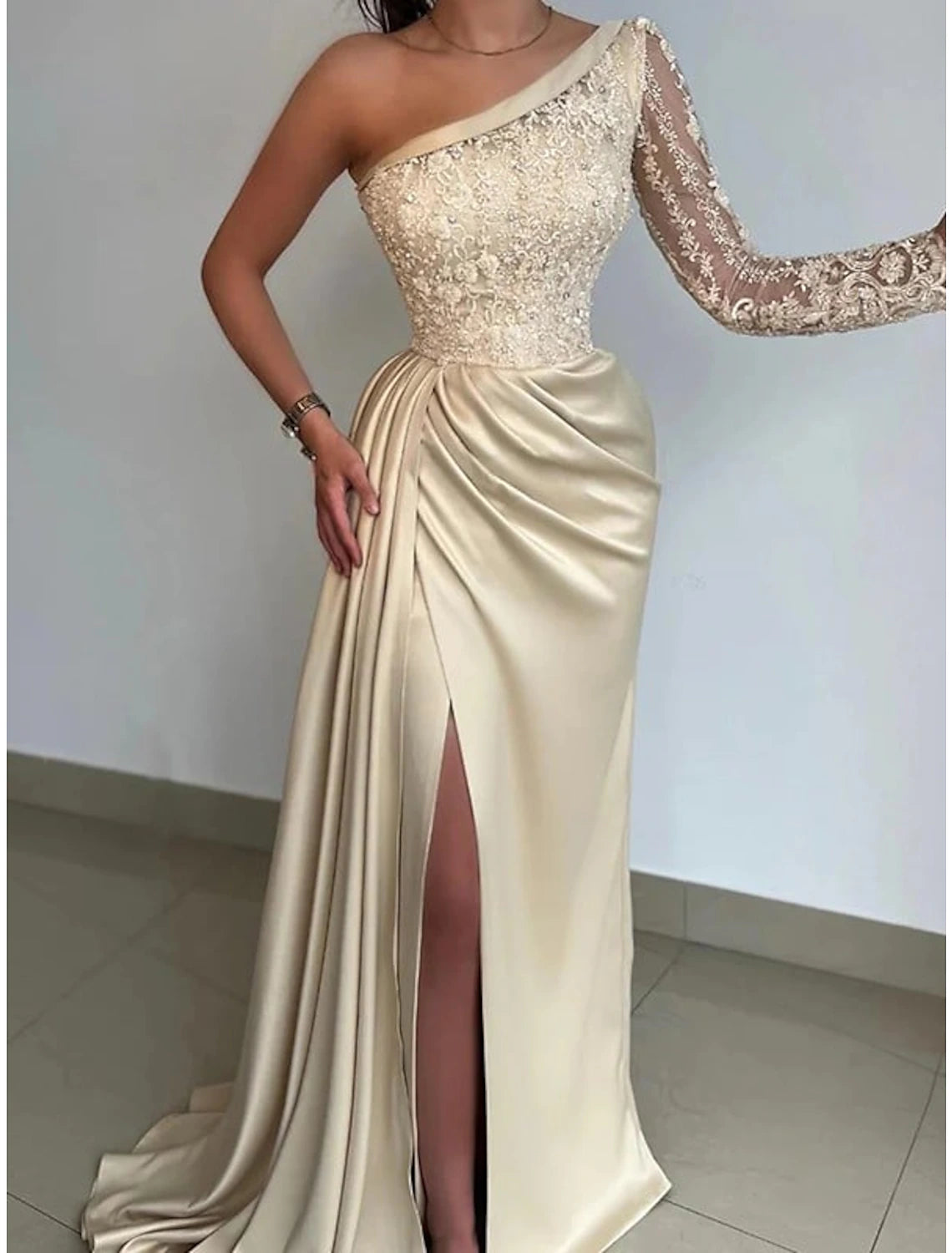 Street Chic Discounts Mermaid / Trumpet Evening Gown Hot Dress Formal Wedding Guest Sweep / Brush Train Long Sleeve One Shoulder Bridesmaid Dress Satin with Rhinestone Appliques Vintage Elegance