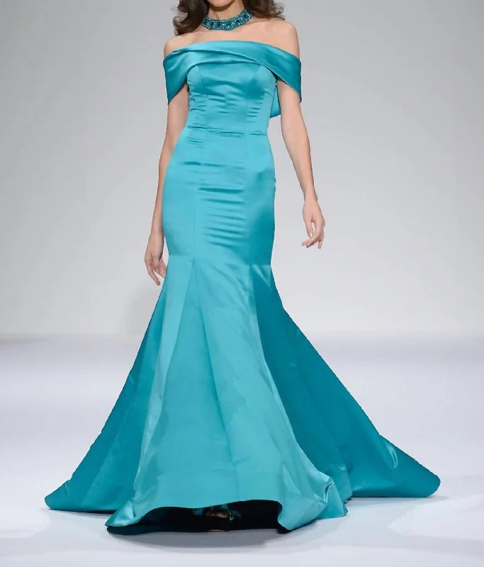 Comfortable Chic Satin Off-The-Shoulder Gown In Turquoise Great Deals on Ethnic Cultural Wear