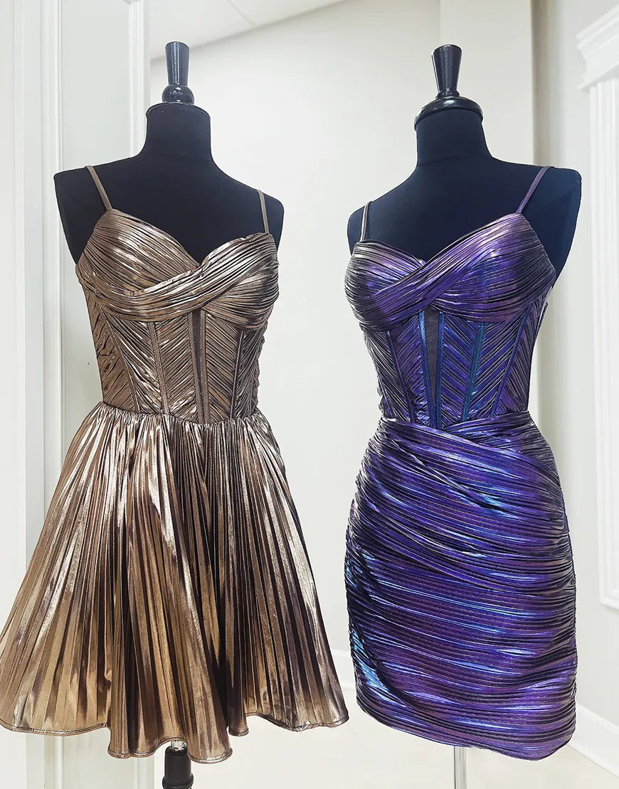 Chic & Cozy Collection Metallic Gold A-Line Satin Spaghetti Straps Homecoming Dress Elegant Ensemble